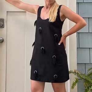 ISLA Linen Grommet and Feather black mini cocktail dress XS